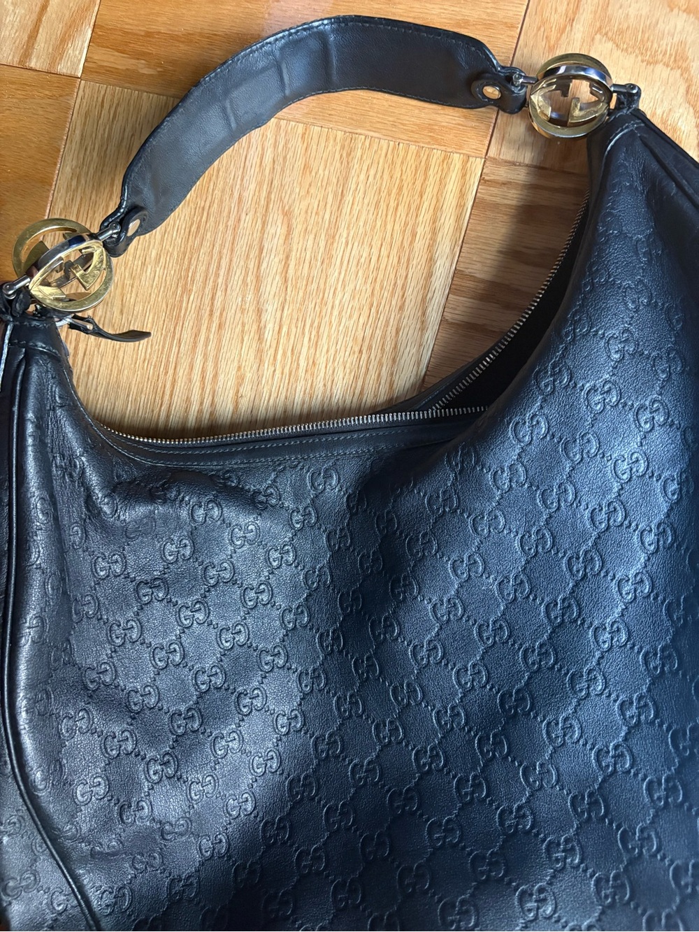 Gucci Black Embossed Leather Hobo with Gold Accents - Picture 6 of 7